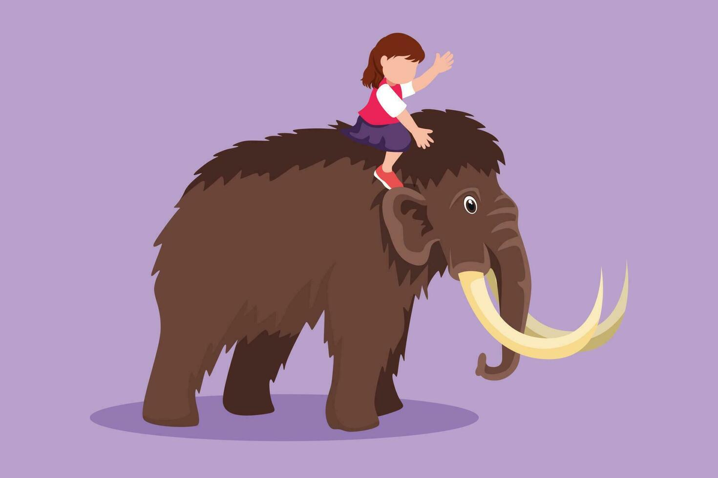 tecknad serie platt stil teckning mod liten flicka caveman ridning ullig mammut. Söt barn Sammanträde på tillbaka av mammut. sten ålder barn spelar. gammal mänsklig liv. grafisk design vektor illustration