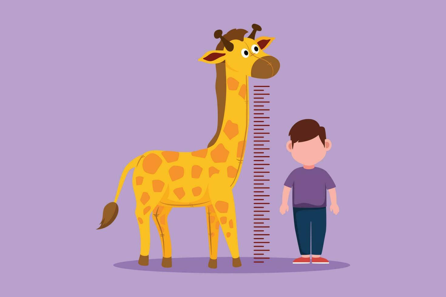 Grafik eben Design Zeichnung bezaubernd wenig Junge Messung seine Höhe mit Giraffe Höhe Diagramm auf Mauer. Kinder Maße Wachstum beim Kindergarten. Kind Messung Höhe. Karikatur Stil Vektor Illustration