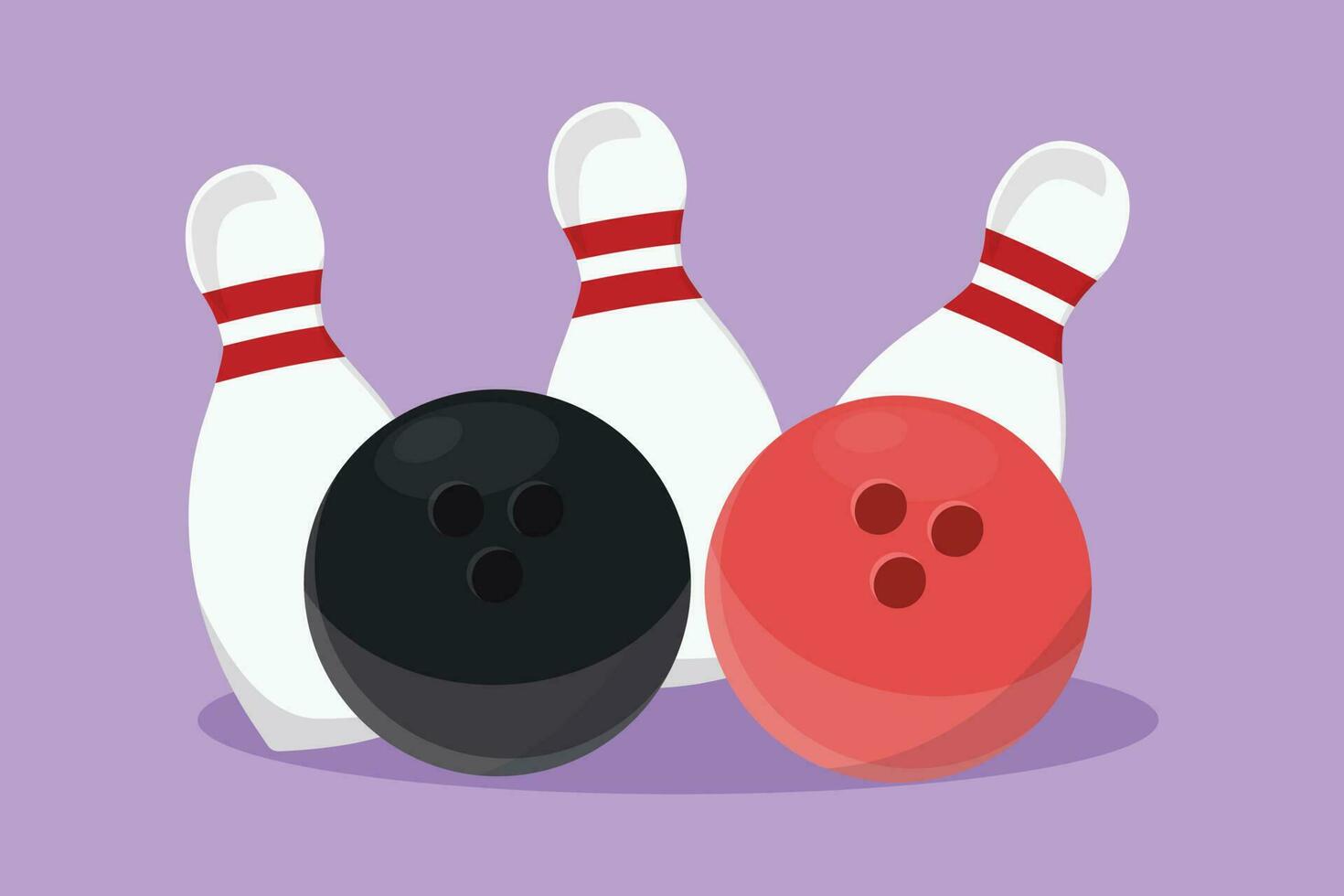 Karikatur eben Stil Zeichnung Bowling Ball und Stifte. Bowling Sport Spiel Ausrüstung. Ball abstürzen Stifte. Bowling Stifte gefüttert oben beim Fahrbahn. tun Sport Hobby beim Freizeit Zeit. Grafik Design Vektor Illustration