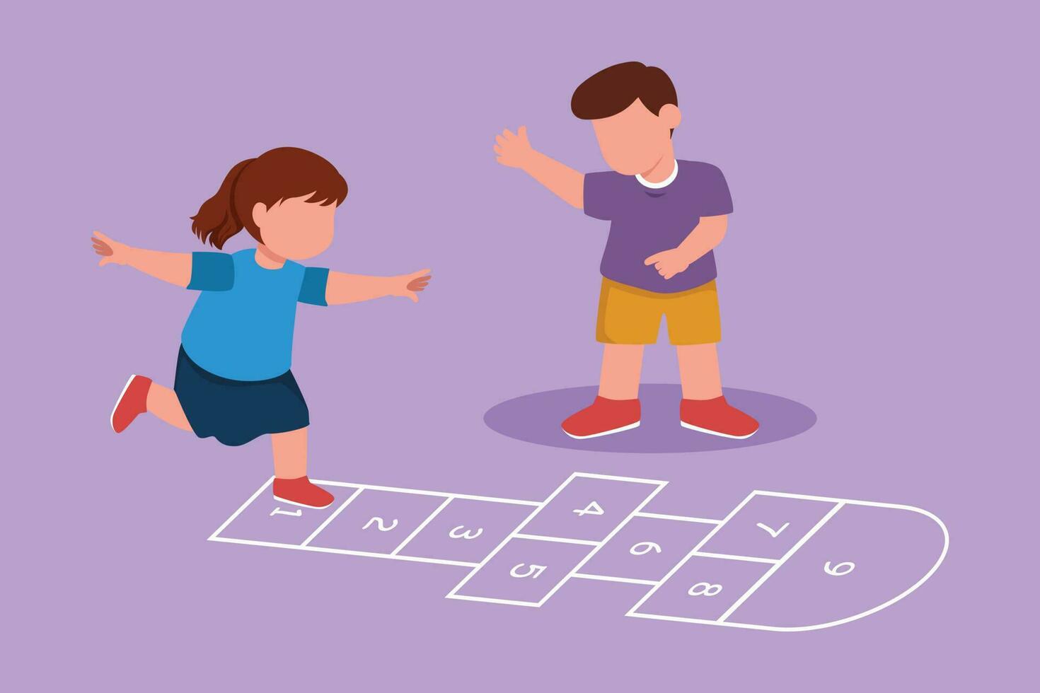 Grafik eben Design Zeichnung von wenig Mädchen und Junge spielen Hopse beim Kindergarten Hof. glücklich Kinder Hüpfen beim Schule Spielplatz. hop Scotch Gericht gezeichnet mit Kreide. Karikatur Stil Vektor Illustration