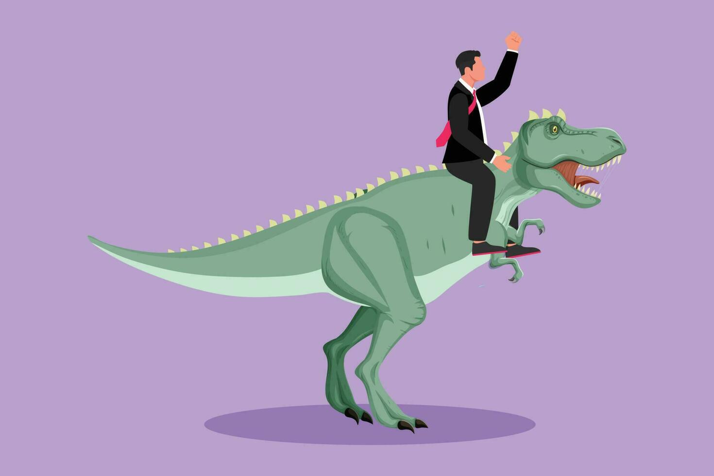 tecknad serie platt stil teckning av modig affärsman ridning enorm farlig tyrannosaurus. professionell entreprenör manlig karaktär bekämpa med rovdjur. företag liknelse. grafisk design vektor illustration