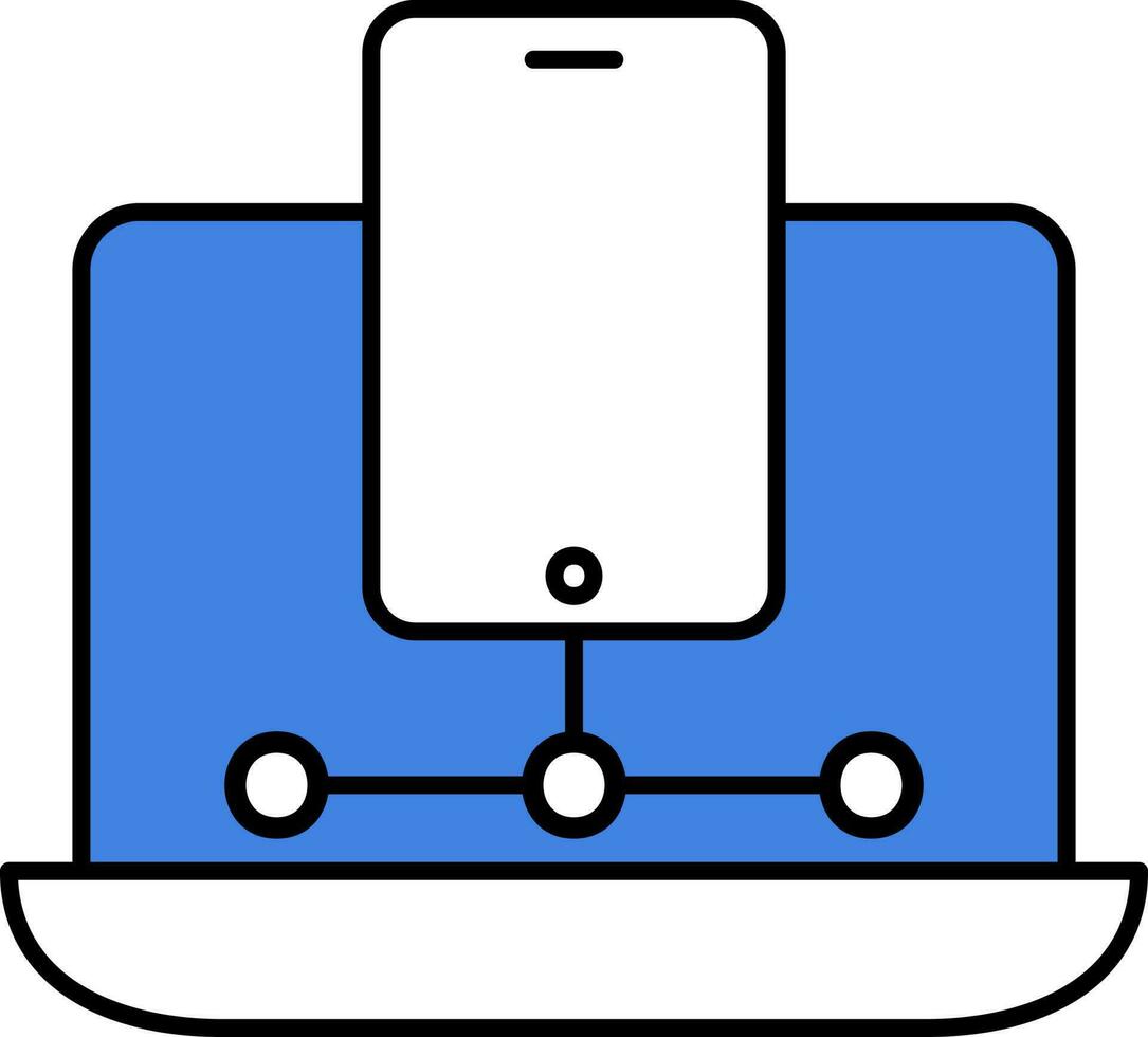 Handy, Mobiltelefon verbinden Laptop Blau und Weiß Symbol im eben Stil. vektor
