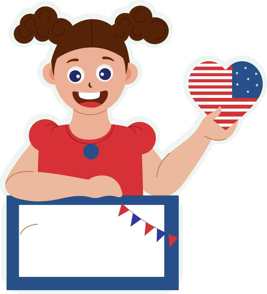 isoliert Aufkleber Illustration von amerikanisch Flagge Herz zeigen wenig Mädchen Unterstützung leer Tafel. vektor