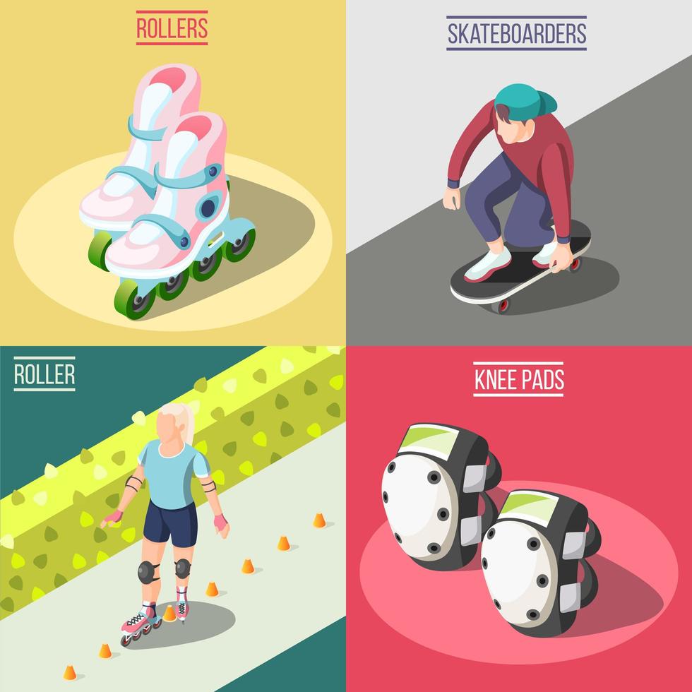 Roller und Skateboarder 2x2 Design-Konzept Vektor-Illustration vektor