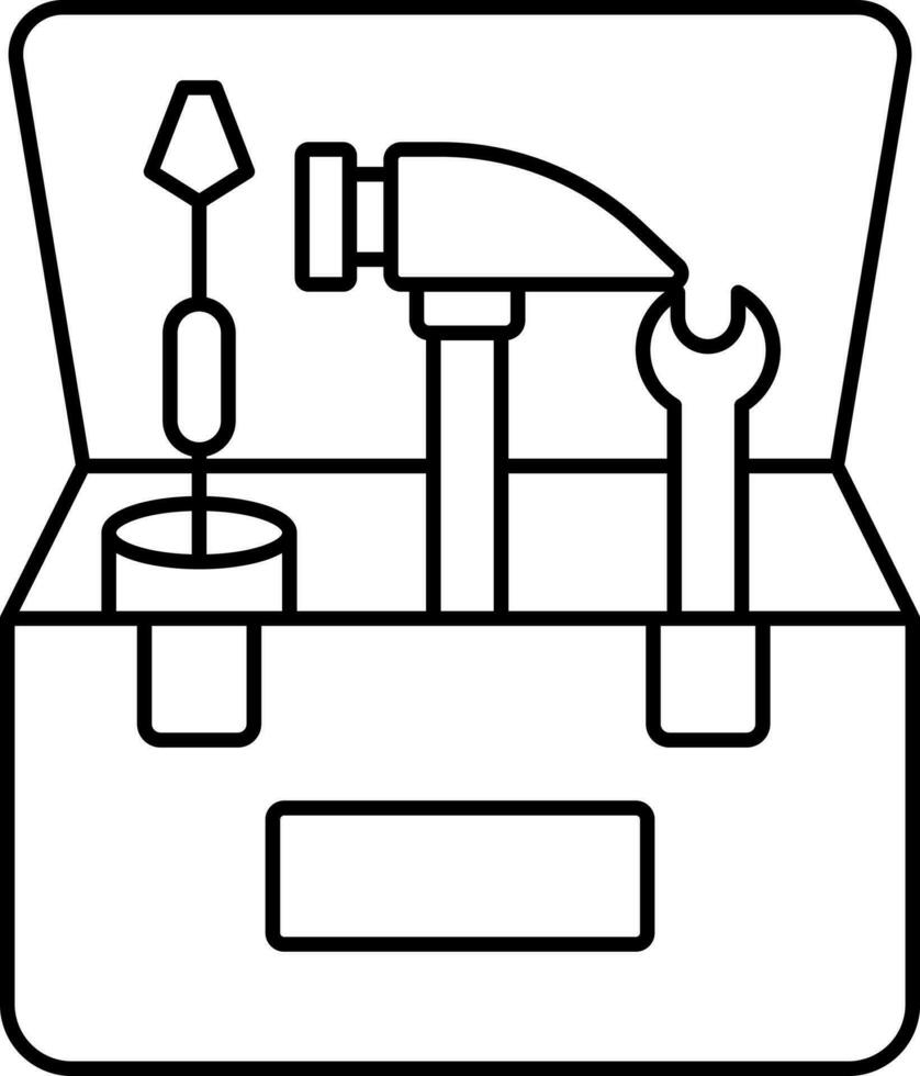 öffnen Werkzeug Box mit Schraubendreher, Hammer, Schlüssel schwarz Gliederung Symbol. vektor