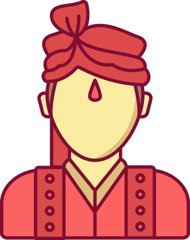 ansiktslös tecknad serie indisk brudgum ikon i röd och gul Färg. vektor