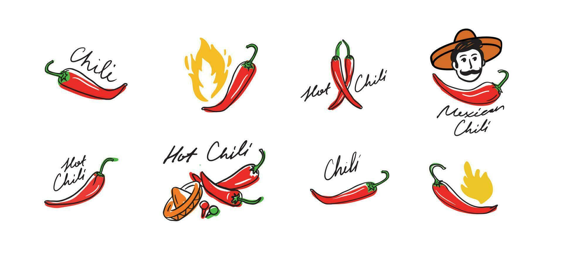 heiß Chili Pfeffer Symbole set.gewürze Emblem oder Logo. Vektor Illustration im Farbe.Hand gezeichnet im Gekritzel Stil