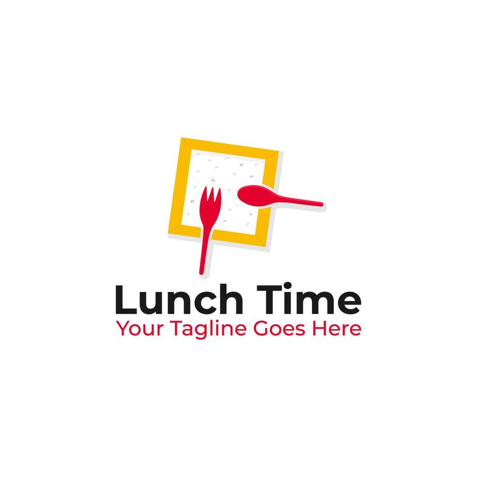 lunch logotyp vektor design med accent sked och gaffel i en ris låda