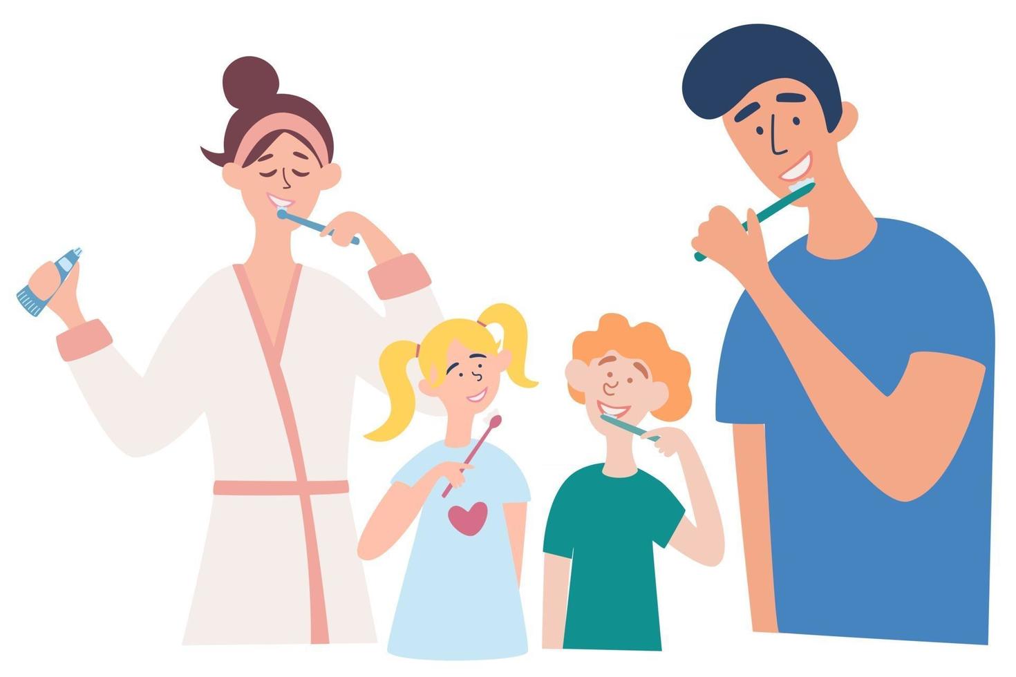 Familie, die ihre Zähne zusammen putzt. Vater, Mutter, Sohn und Tochter putzen sich die Zähne. vektor