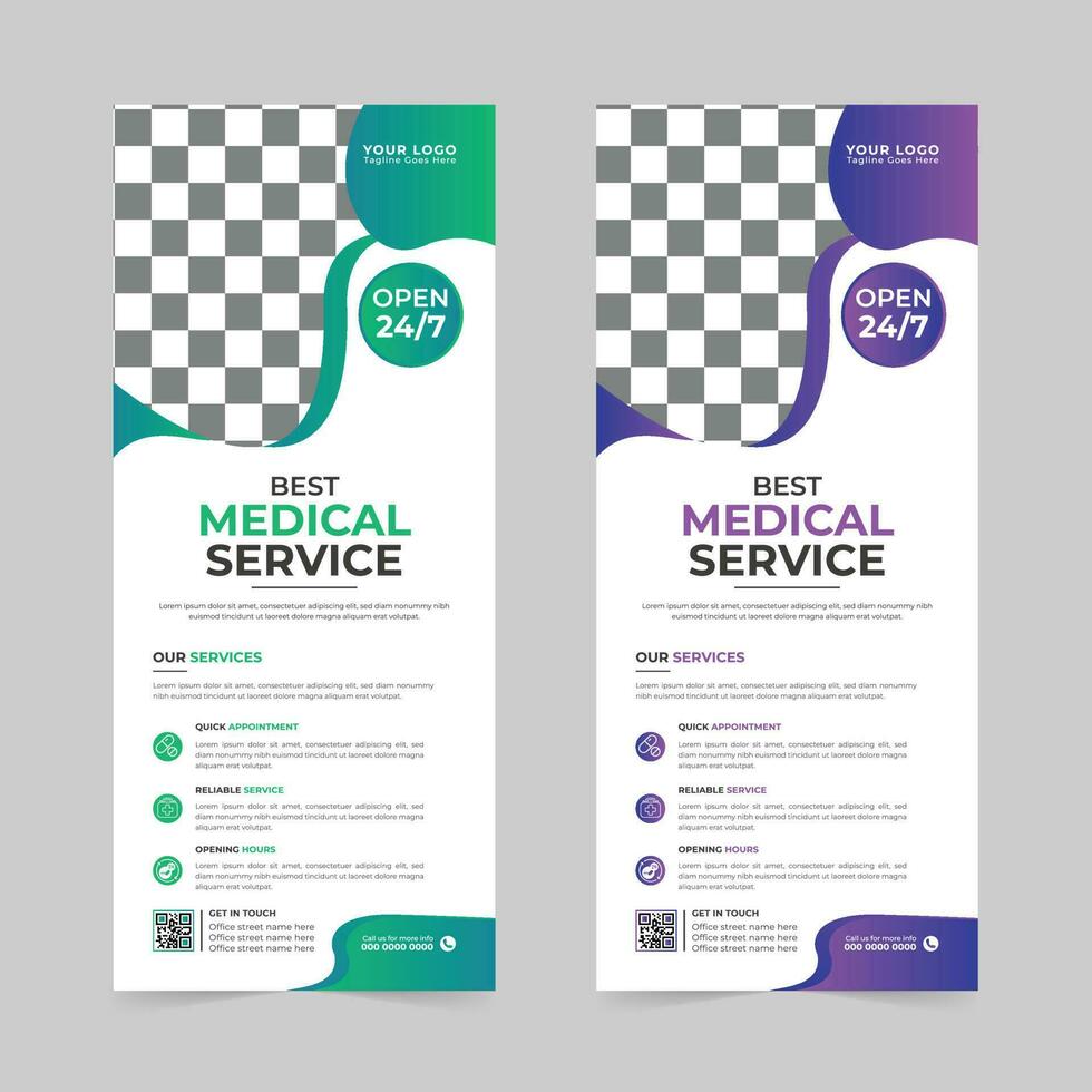 kreativ medizinisch aufrollen Banner Stand und x Banner Design Vektor Vorlage zum medizinisch Geschäft.
