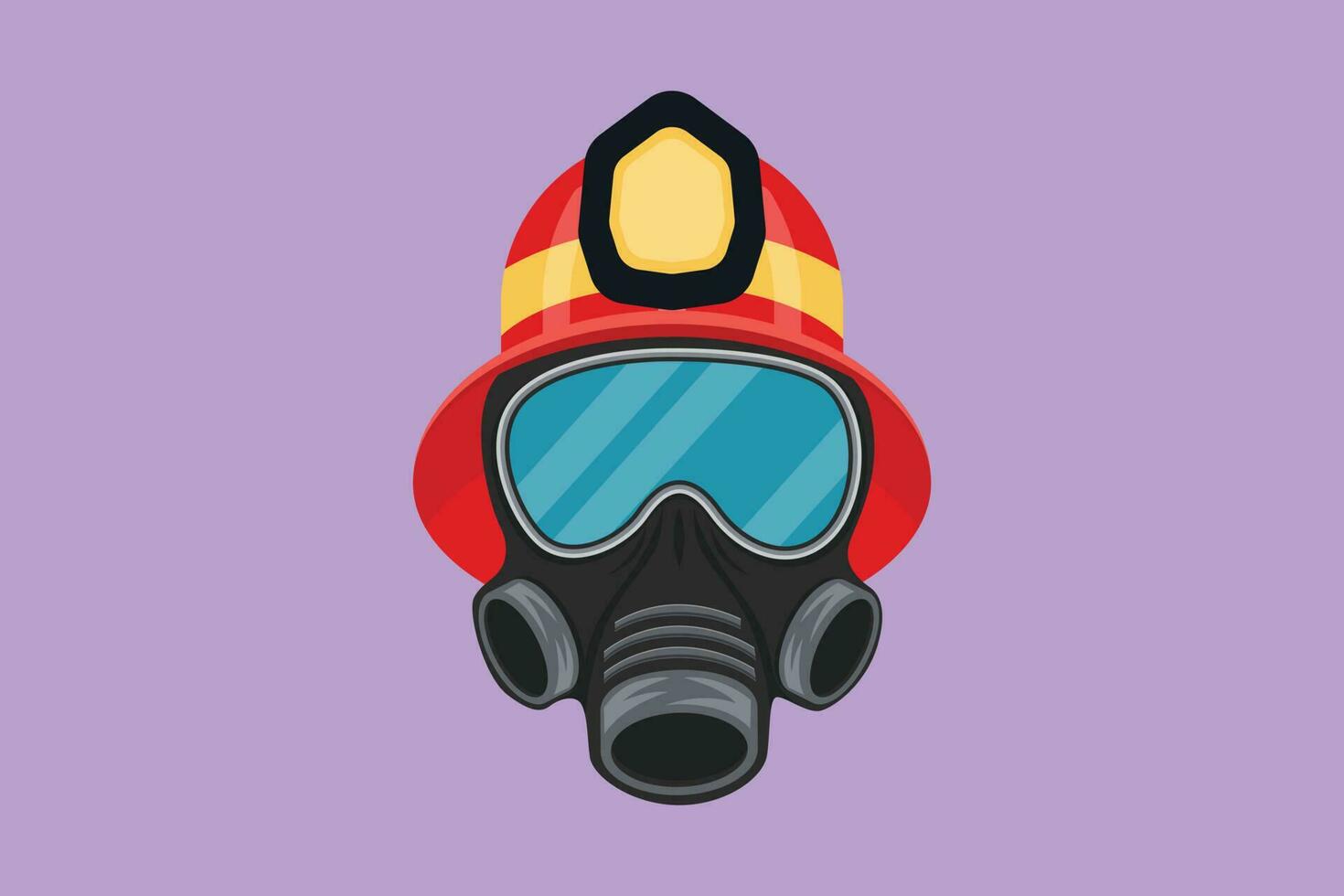 grafisk platt design teckning brandman skyddande hjälm och gas respirator. brandsläckning Utrustning, mask med glasögon och luft filter. skydd mot förgiftning. tecknad serie stil vektor illustration