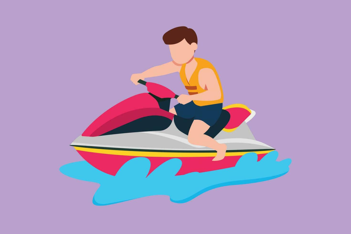 tecknad serie platt stil teckning av aktiva liten pojke ridning jet åka skidor på strand. Lycklig leende barn med rider vatten skoter på hav vågor. sommar hav vatten sport begrepp. grafisk design vektor illustration