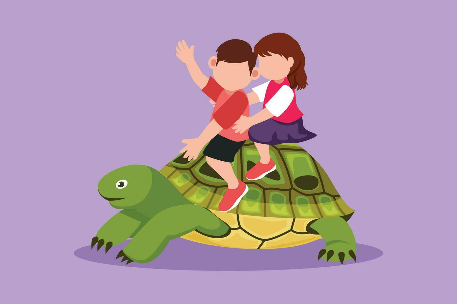grafisk platt design teckning liten pojke och flicka ridning hav sköldpadda tillsammans. barn Sammanträde på tillbaka sköldpadda med fenor dykning i strand. barn inlärning till rida sköldpadda. tecknad serie stil vektor illustration