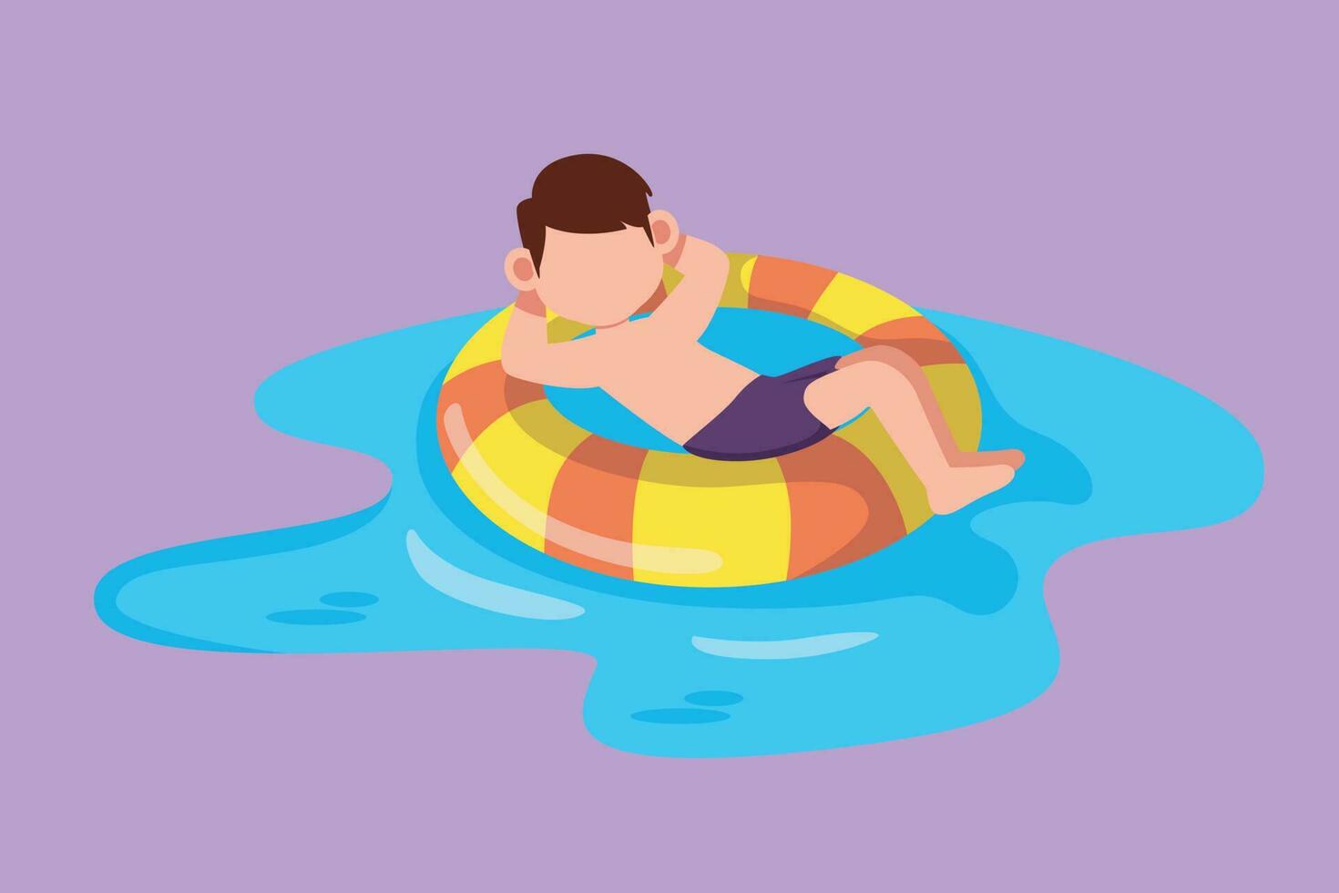 Karikatur eben Stil Zeichnung bezaubernd wenig Junge schwebend mit Rettungsring mit entspannen posiert tragen Strand und Schwimmen Kleidung. Kinder Gefühl glücklich während mit Reifen Boje. Grafik Design Vektor Illustration