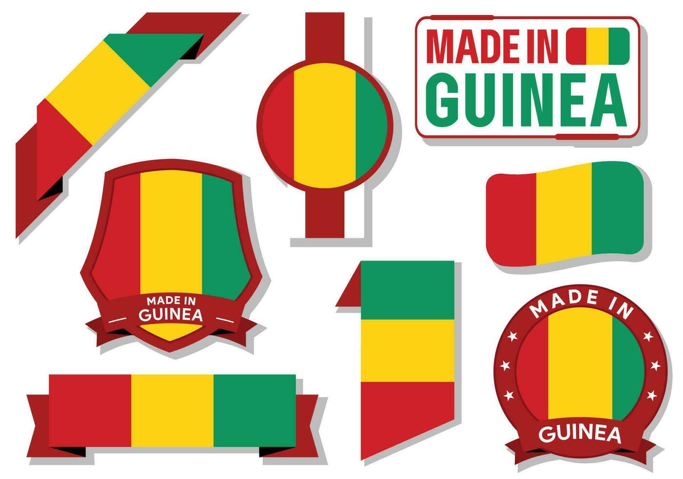 Sammlung von gemacht im Guinea Abzeichen Etiketten Guinea Flaggen im Band Vektor Illustration