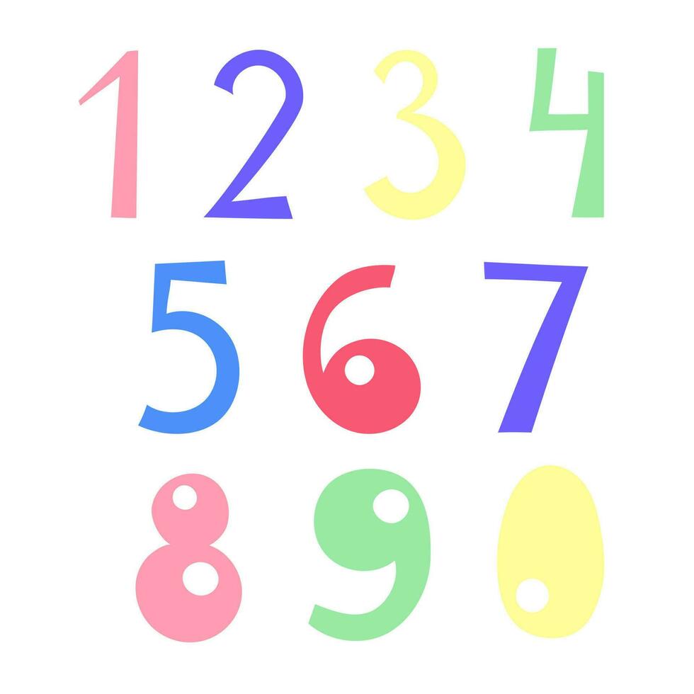 Zahlen von anders Farben Hand gezeichnet im Gekritzel Stil Vektor Illustration, Mathe Symbole, süß komisch dekorativ Beschriftung