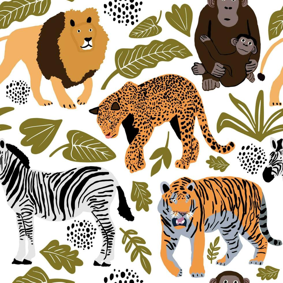 sömlös mönster vektor illustration av söt vild safari afrikansk djur. Inklusive , lejon, leopard, zebra, tiger, apa med Valp rolig tecknad serie klotter tecken