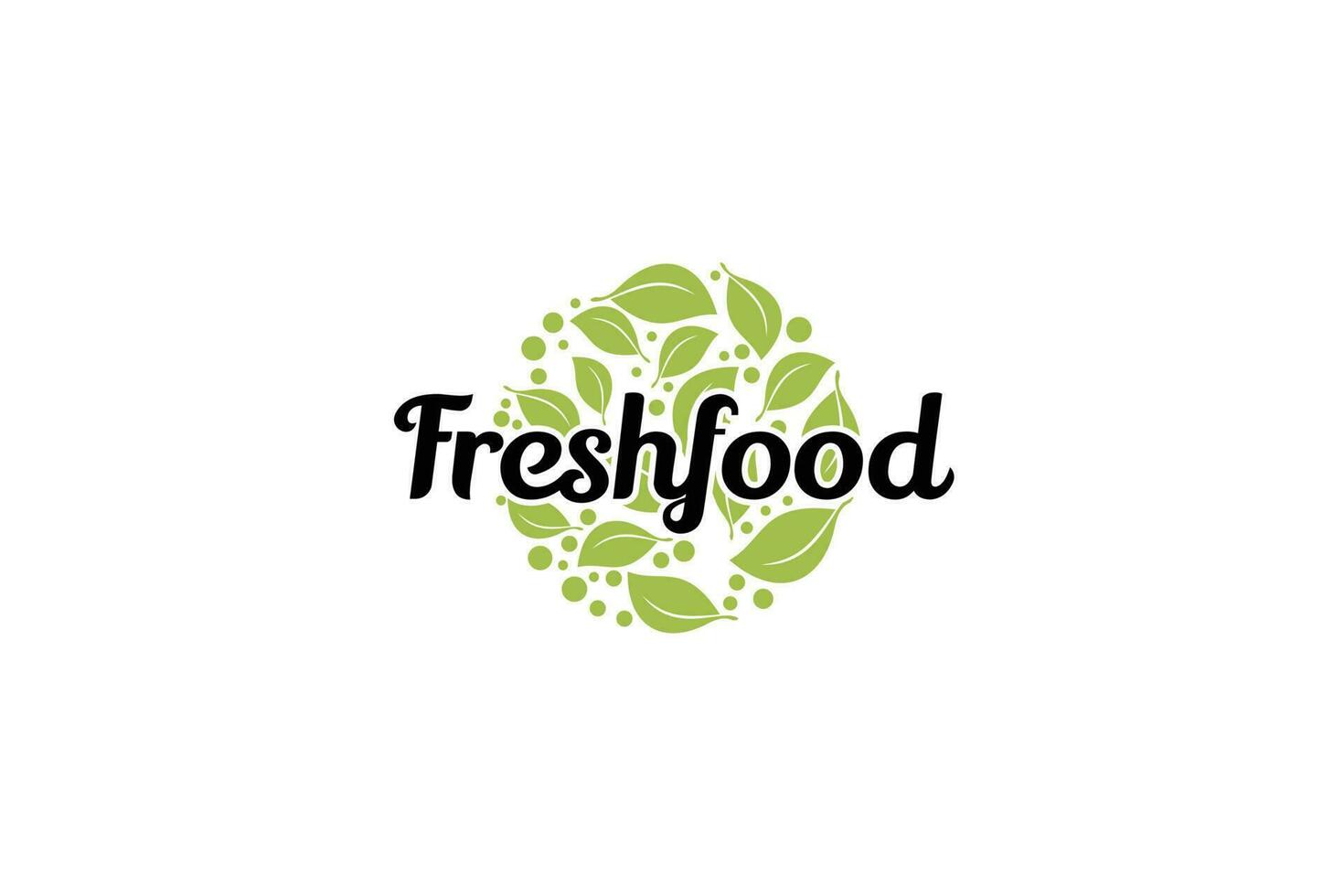 frisch Essen Logo mit ein Kombination von frisch Essen Beschriftung und Grün Blätter im ein Kreis Form. vektor