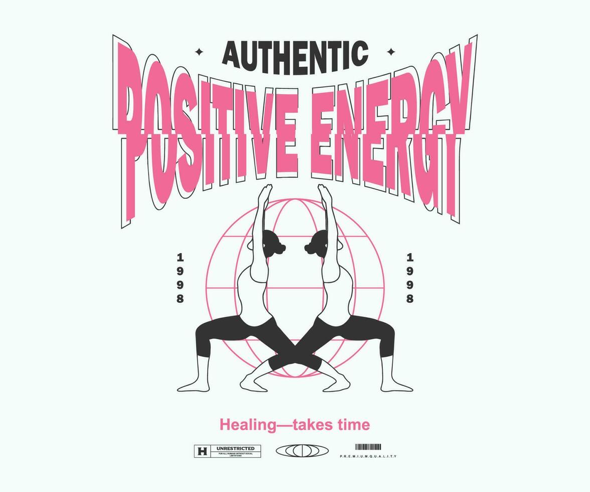 Jahrgang Illustration von positiv Energie, Yoga Vektor t Hemd Design, Vektor Grafik, typografisch Poster oder T-Shirts Straße tragen und städtisch Stil