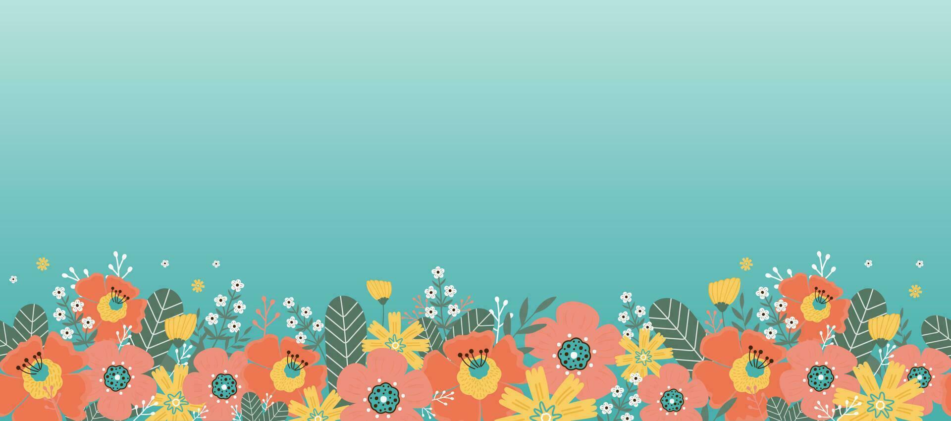 Blumen- nahtlos Grenze. Blumen und Blätter auf Blau Hintergrund. vektor