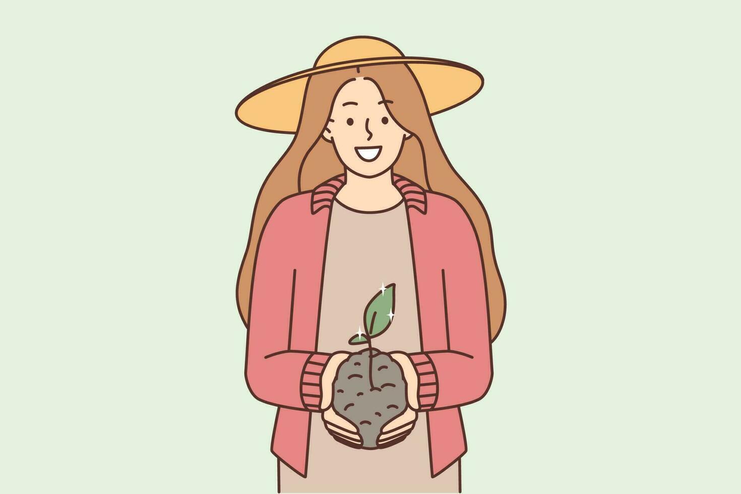 leende ung kvinna innehav jord med fröplanta i händer. Lycklig flicka med jord och växt vård av natur bevarande. trädgårdsarbete och hortikultur. vektor illustration.