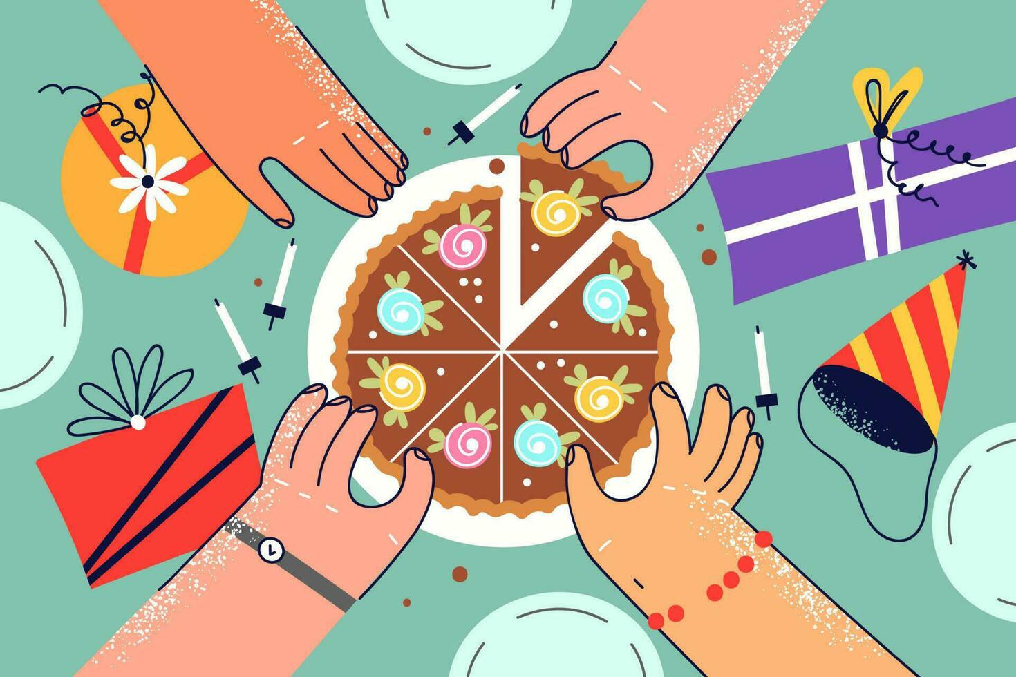 Nahansicht von Hände von vielfältig Menschen Essen Kuchen zusammen. freunde oder Kollegen Teilen lecker Kuchen bekommen Stücke. Party und Feier. Vektor Illustration.