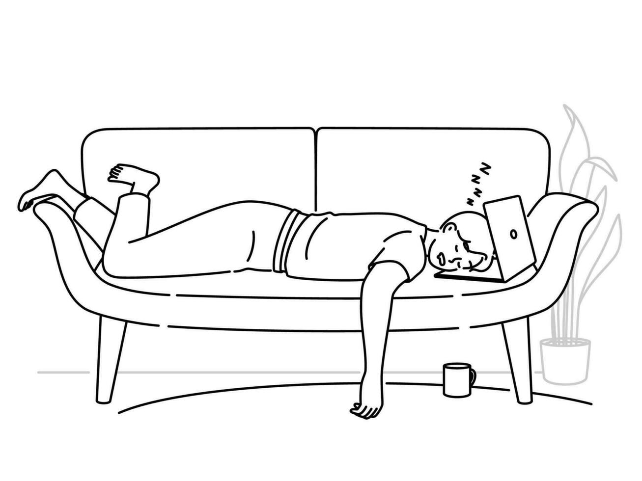 müde Mann fallen schlafend Arbeiten auf Laptop auf Couch. erschöpft männlich überwältigt mit Computer Arbeit Schlaf im Sofa beim heim. ermüden und Überarbeitung. Vektor Illustration.