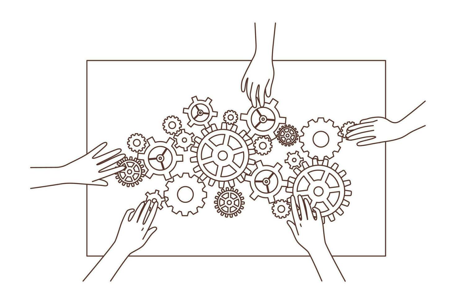 Menschen Hände verbinden Zahnräder beschäftigt, verlobt im Zusammenarbeit. Angestellte mit Ausrüstung Mechanismen suchen zum Geschäft Problem Lösung. Vektor Illustration.