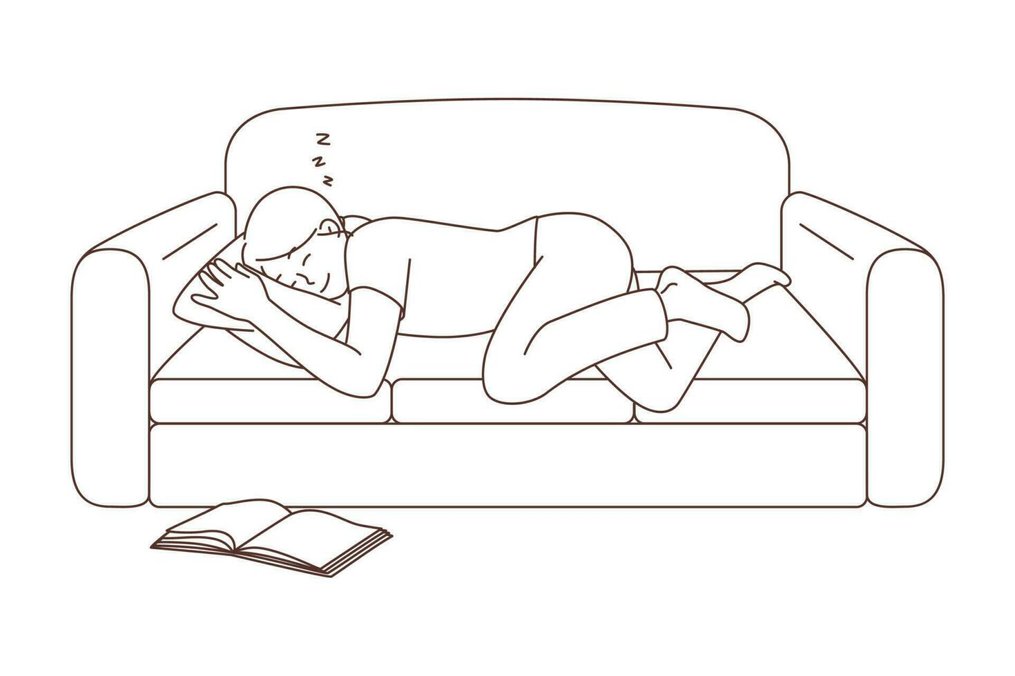 glücklich jung Frau Schlafen auf Sofa nach lesen Buch. müde Mädchen fallen schlafend auf Couch beim heim. Erschöpfung und Ermüdung. Vektor Illustration.