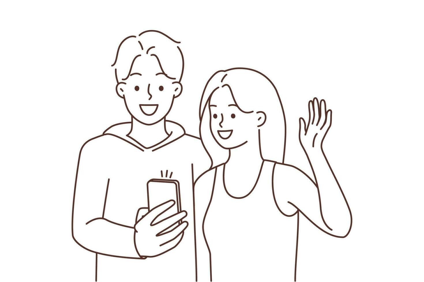 lächelnd jung Paar sich unterhalten auf Video Anruf auf Handy. glücklich Mann und Frau Welle mit Hand Gruß reden auf Webcam auf Smartphone. Vektor Illustration.