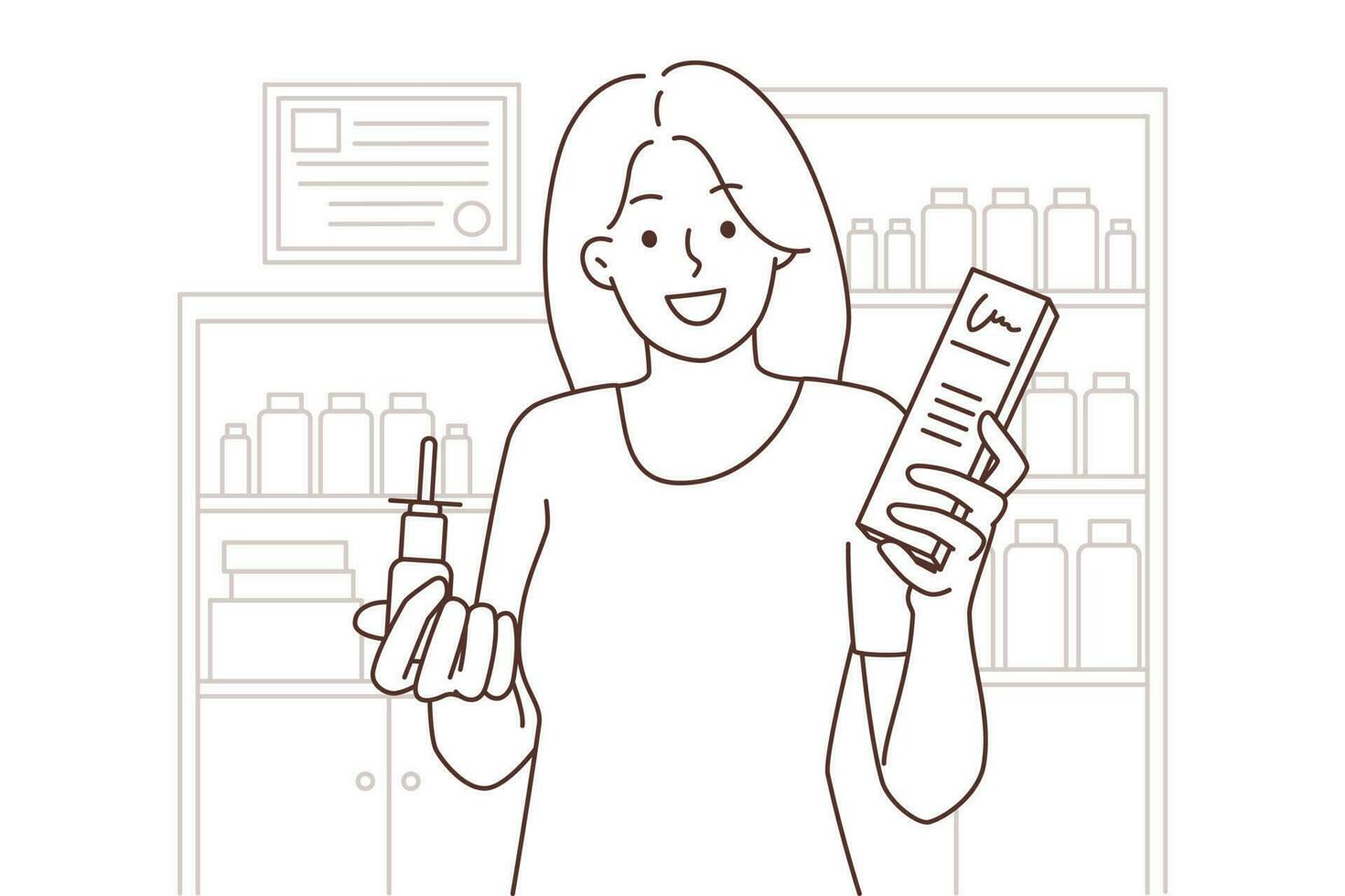 lächelnd Frau Kauf Medikation im Apotheke. glücklich weiblich Klient mit Medikamente im Drogerie. Gesundheitswesen und Medizin. Vektor Illustration.