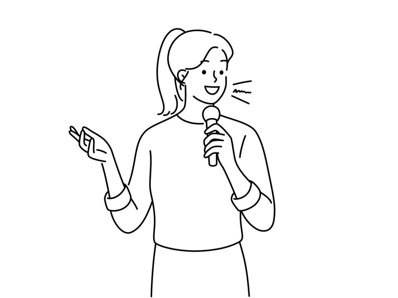 ung kvinna med mikrofon utför på skede. leende kvinna håll mic tala i främre av publik. prestanda begrepp. vektor illustration.