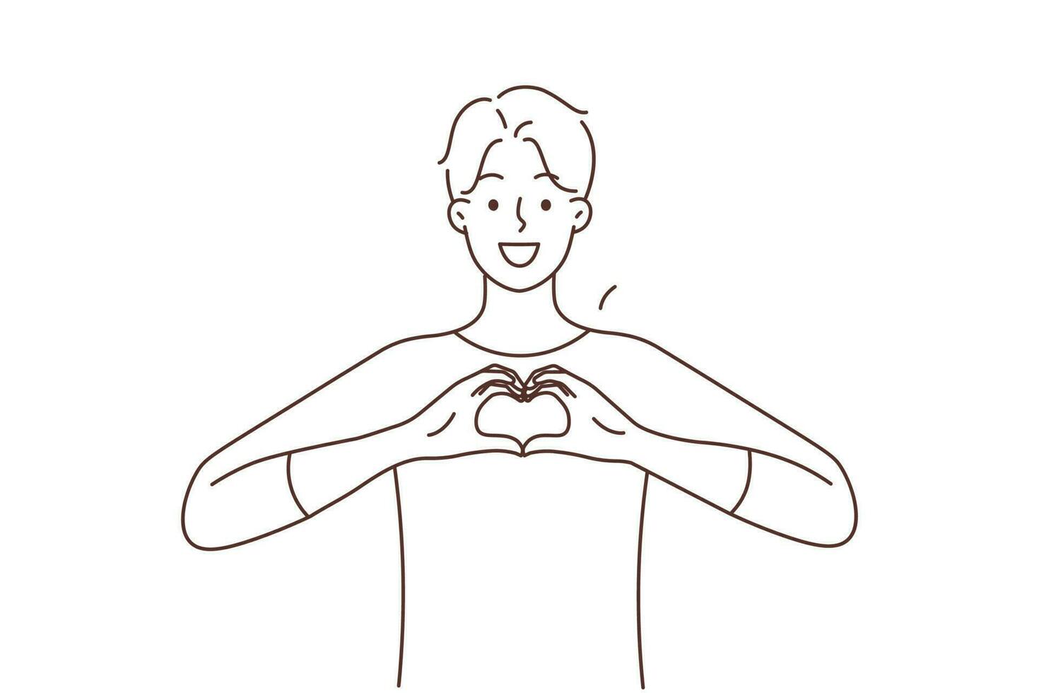 leende ung man visa hjärta hand gest dela med sig vård och Stöd. Lycklig kille med kärlek tecken känna tacksam och stödjande. tacksamhet och välgörenhet. vektor illustration.