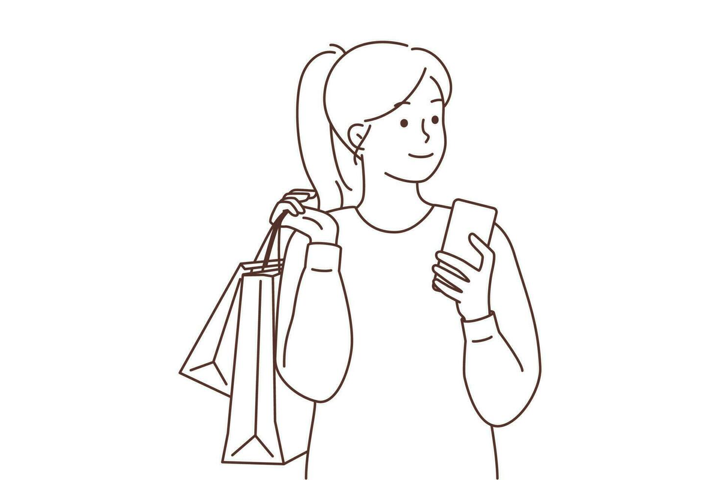 glücklich jung Frau mit Handy und Papier Taschen. lächelnd Mädchen Einkaufen online auf Smartphone. Konsumismus Konzept. Vektor Illustration.
