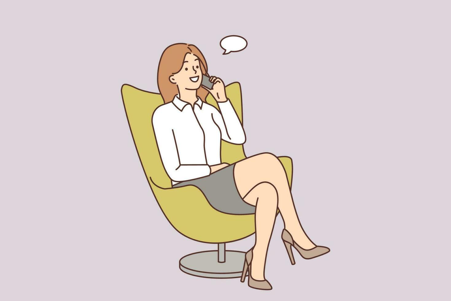 lächelnd Geschäftsfrau sitzen im Stuhl reden auf Handy. glücklich weiblich Mitarbeiter haben angenehm Handy, Mobiltelefon Gespräch. Vektor Illustration.