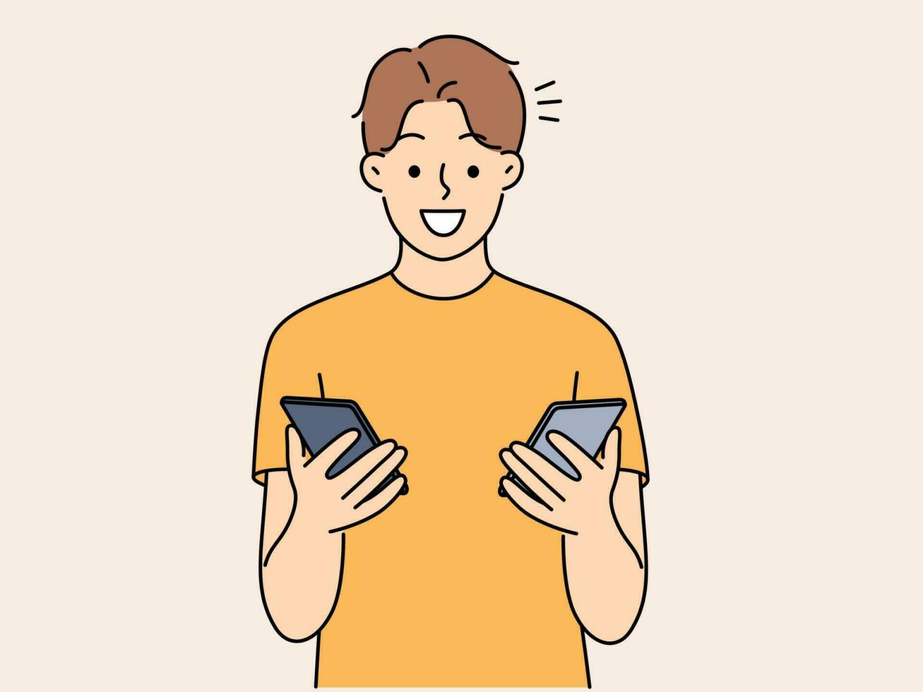 leende man håll mobiltelefon sändning information i mellan prylar. Lycklig manlig jämföra modern smartphones. teknologi begrepp. vektor illustration.