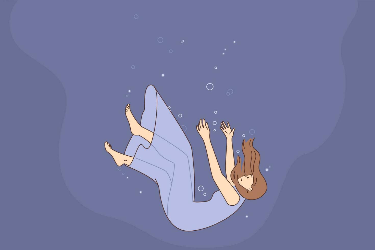 frustriert Frau im Kleid fallen Nieder im Wasser leiden von Leben Krise. unzufrieden verwirrt Mädchen Untergang unter Wasser leiden von Probleme. konzeptionell. Vektor Illustration.