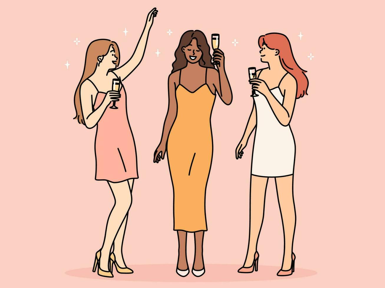 leende kvinnor i klänningar dricka champagne njuter fest. Lycklig flickor fira med dryck i händer. vektor illustration.