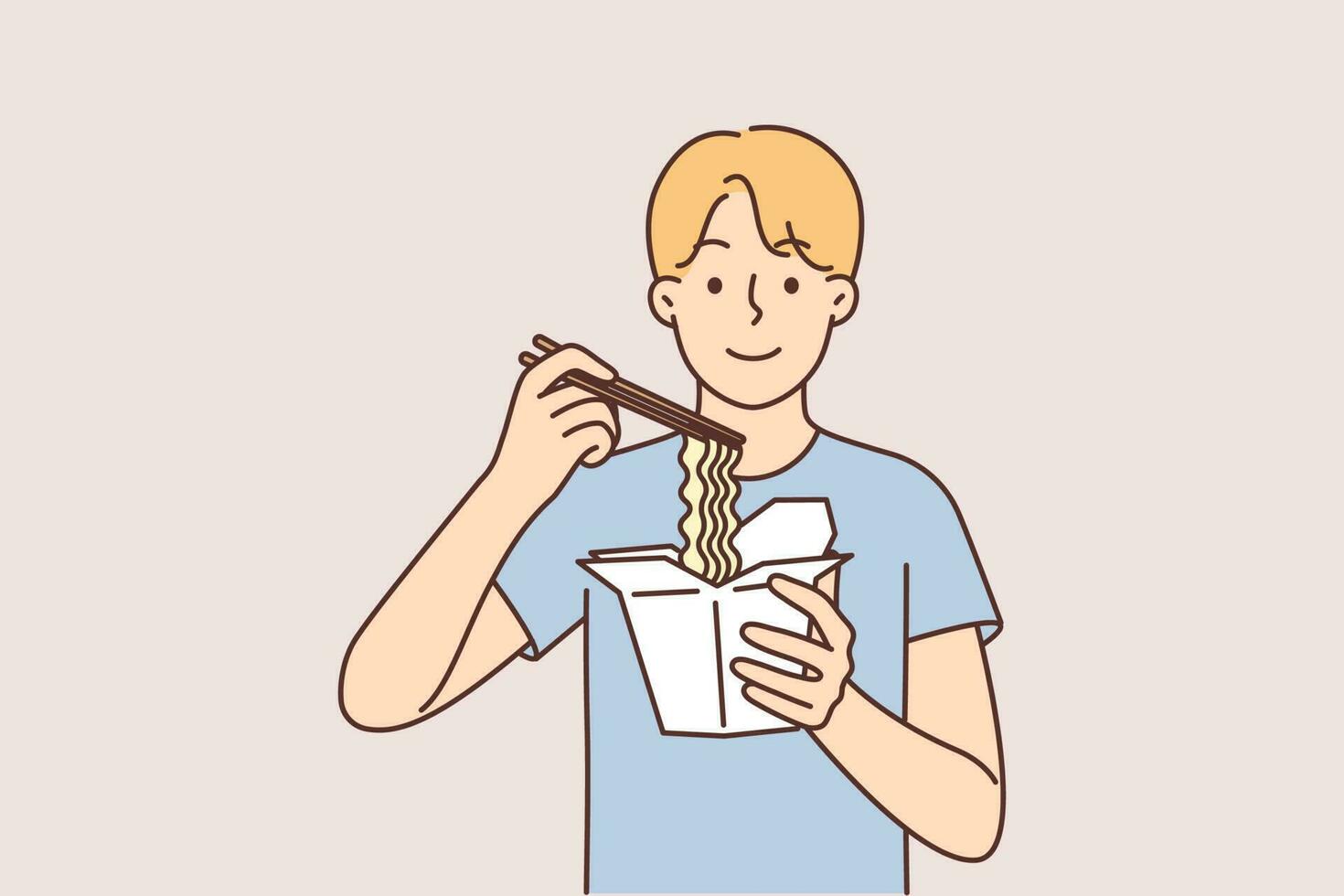 Mann isst Chinesisch Nudeln von wegbringen Karton Box und hält Essstäbchen drängen nehmen Vorteil von Lieferung von asiatisch Essen Restaurant. Kerl nimmt brechen zum Mittagessen zu Essen Nudeln mit Essstäbchen vektor