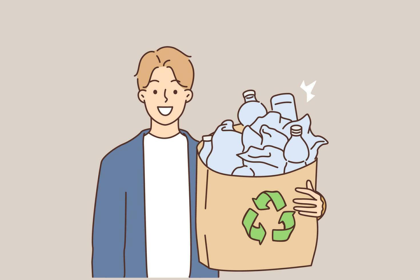 lächelnd Mann halt Tasche mit Plastik Flaschen zum Nutzung. glücklich Kerl recyceln Plastik Pflege Über Planet und Umgebung Sicherheit. Vektor Illustration.