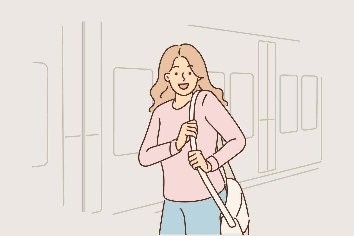 Frau steht in der Nähe von Zug Auto auf Plattform von Eisenbahn Bahnhof und sieht aus beim Bildschirm lächelnd. Mädchen nähert sich Straßenbahn oder Zug und wendet sich um Angebot zu gehen auf Ausflug zu Ein weiterer Stadt zusammen. vektor