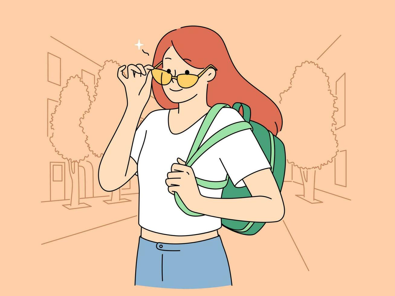 lächelnd Mädchen mit Rucksack posieren draußen. glücklich weiblich Schüler im Sonnenbrille auf Straße. Jugend und Mode. Vektor Illustration.