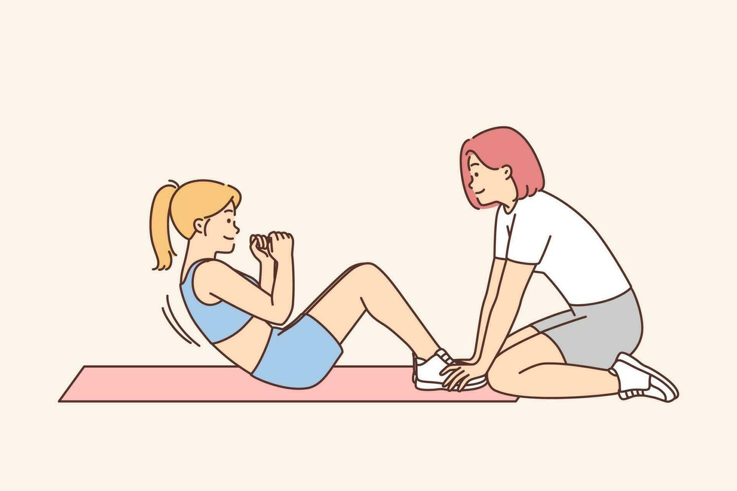 jung Frau im Sportbekleidung Ausbildung mit Trainer im Fitnessstudio. getönt Mädchen tun trainieren mit Trainer trainieren Abs Übung. Sport Konzept. Vektor Illustration.