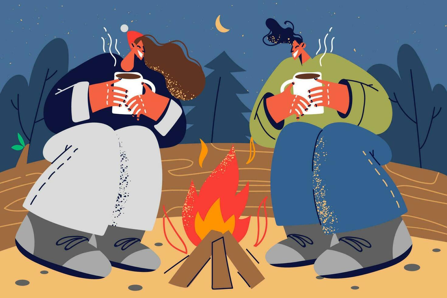 glücklich Paar Sitzung in der Nähe von Lagerfeuer im Wald beim Nacht Trinken heiß Tee. lächelnd Mann und Frau entspannen zusammen in der Nähe von Feuer im Holz. Vektor Illustration.