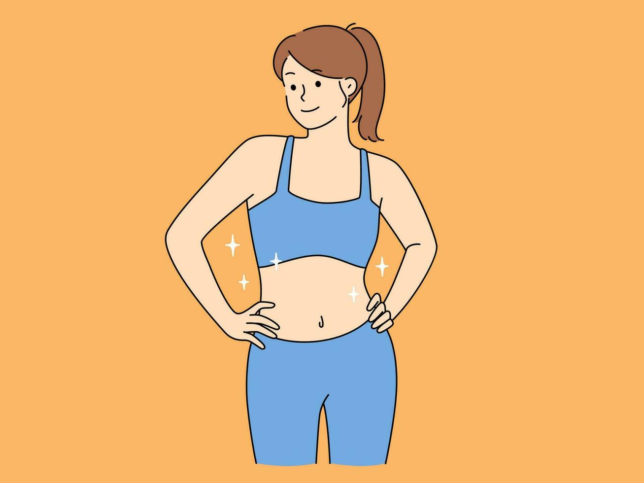 Porträt von glücklich getönt Frau im Sportbekleidung stolz von gut Form. lächelnd jung passen weiblich Show sportlich Körper Figur. Sport und gesund Lebensstil. Vektor Illustration.