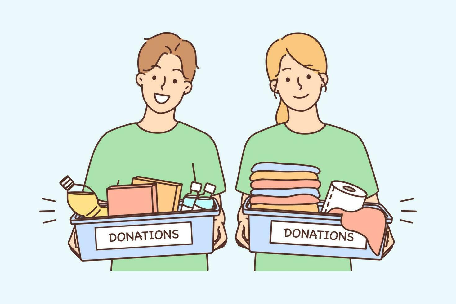 lächelnd Menschen mit Spenden Boxen. glücklich Freiwillige halten Pakete mit spenden Waren. Nächstenliebe und Freiwilligenarbeit Konzept. Vektor Illustration.