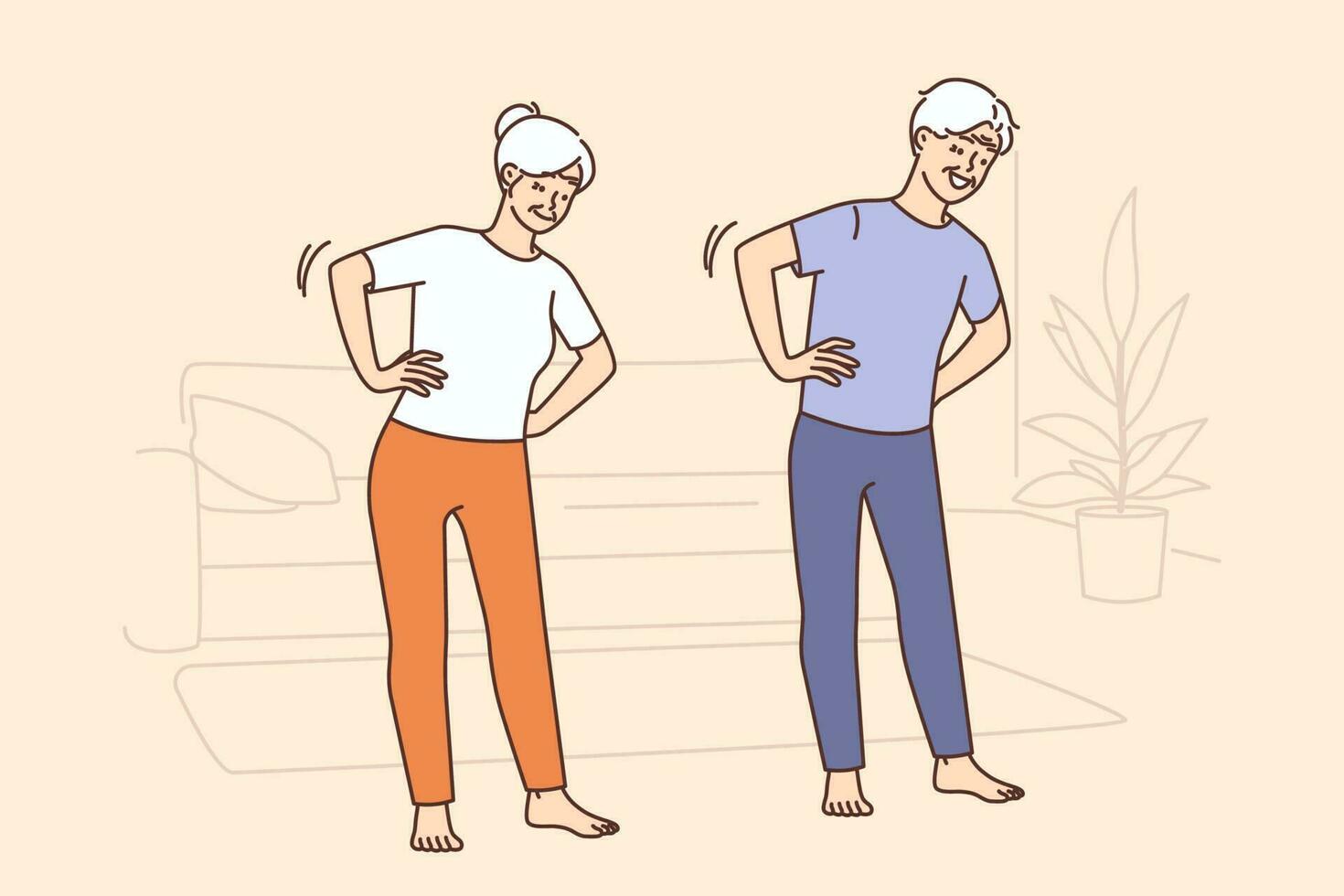 glücklich reifen Paar tun Gymnastik beim heim. gesund energisch Alten Menschen Ausbildung zusammen drinnen. Sport und physisch Aktivität. Vektor Illustration.