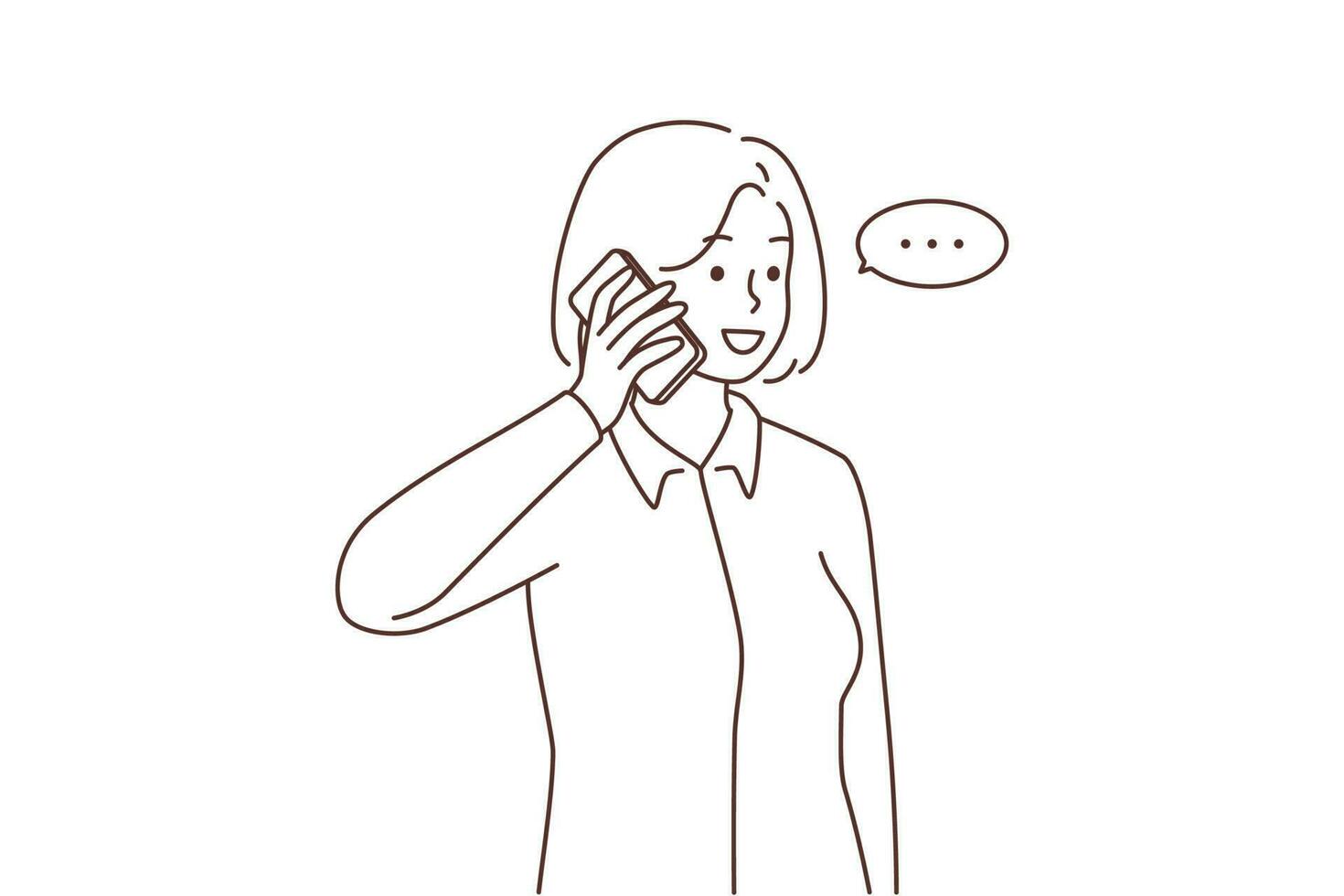 lächelnd Geschäftsfrau sich unterhalten auf Handy mit Klient oder Kunde. glücklich weiblich Mitarbeiter haben angenehm Smartphone Gespräch. Vektor Illustration.