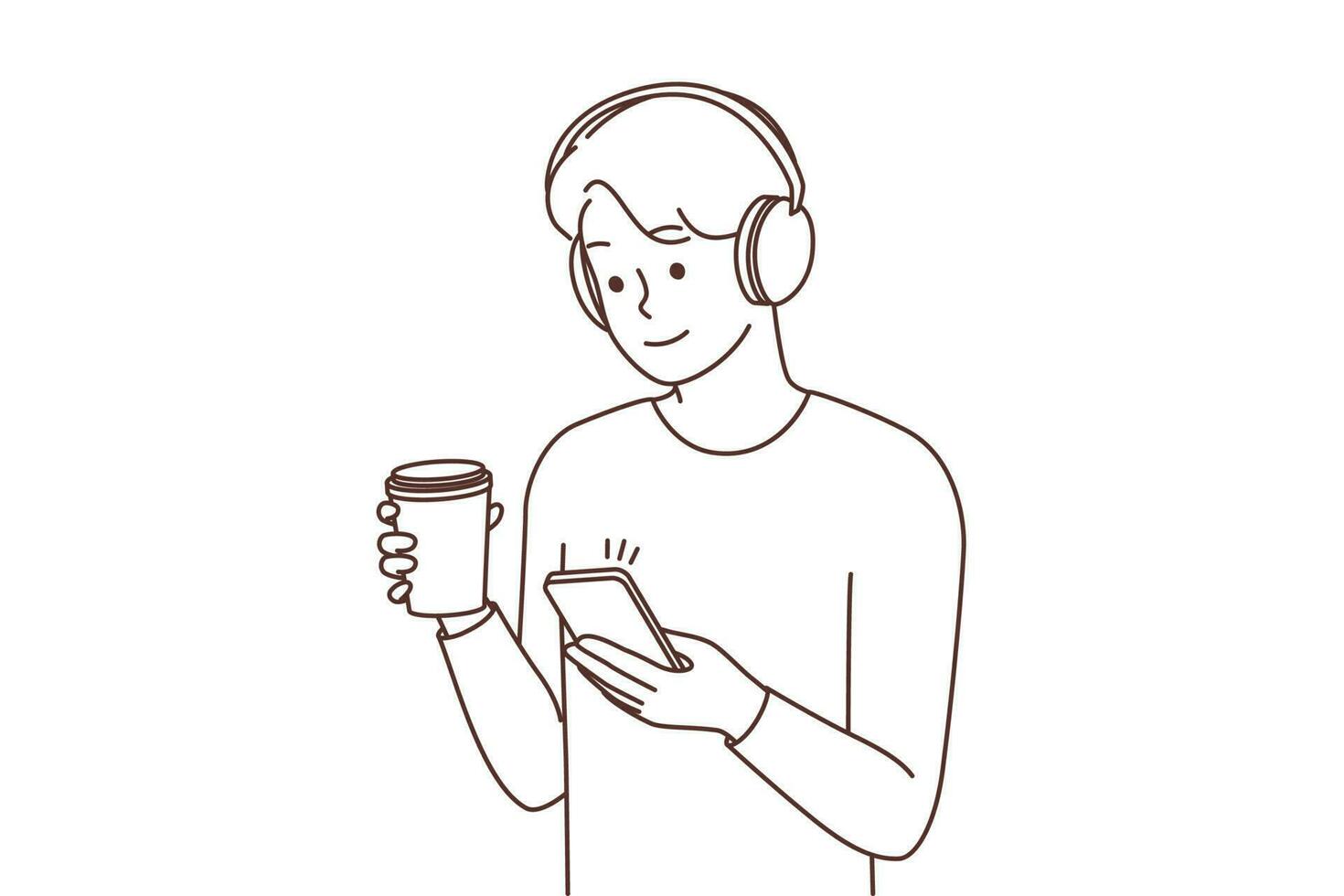 jung Mann im Kopfhörer Trinken Kaffee SMS auf Smartphone. lächelnd Kerl im Kopfhörer mit wegbringen trinken chatten auf Zelle. Vektor Illustration.