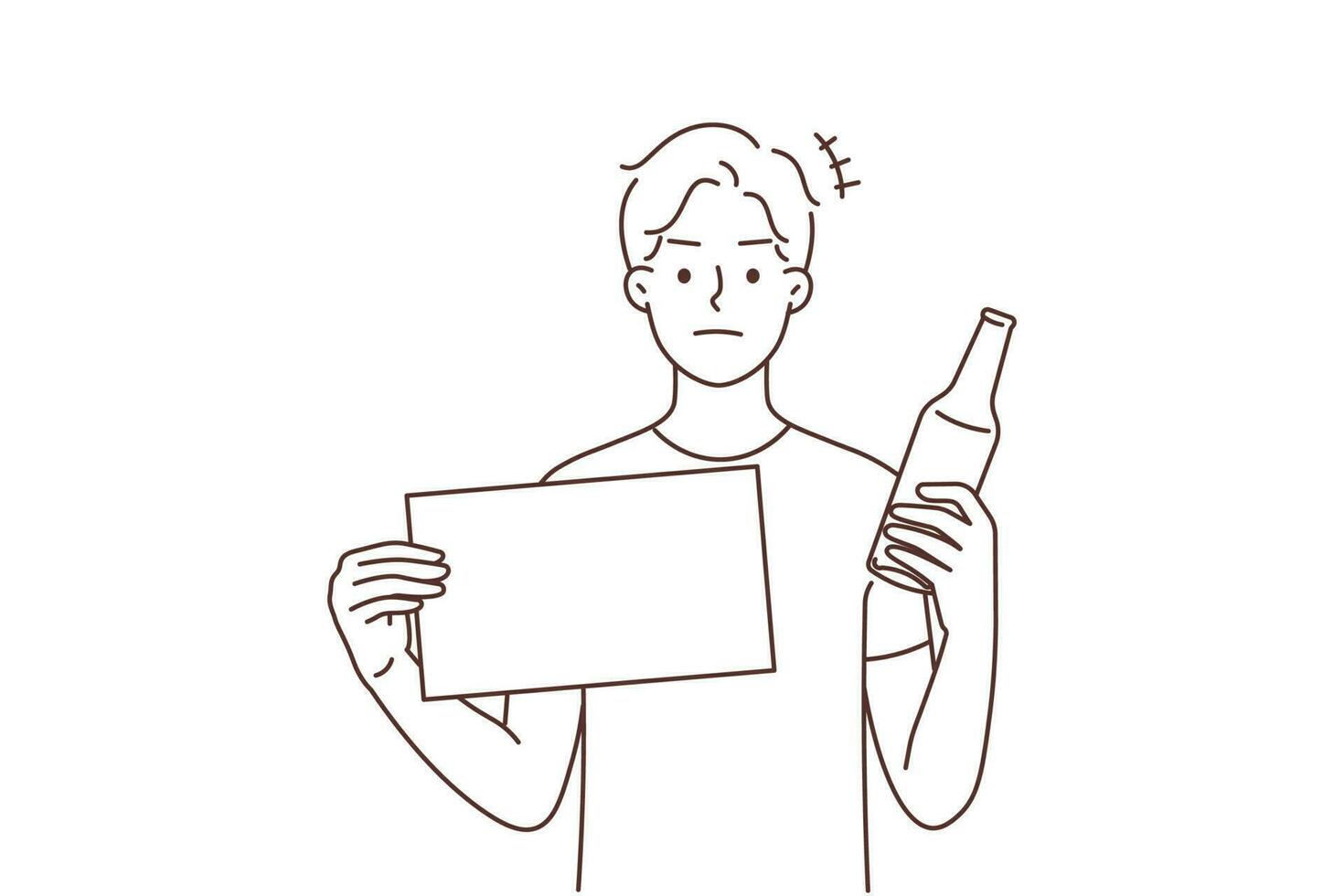 jung Mann halt Flasche und Warnung Zeichen Protest gegen Alkohol Verbrauch. entscheidend Kerl Stand gegen alkoholisch Sucht und Schlecht Gewohnheit. Vektor Illustration.